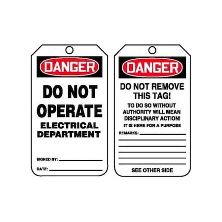 Accuform Safety Tags, DANGER DO NOT OPERATE ELECTRICAL DEPARTMENT, 5.75in x 3.25in, PF-Cardstock, 25PK MDT165CTP